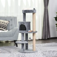PawHut krabpaal kattengrot kattenhuis 4 verdiepingen met speelballen zitstok, sisalzuil en krabplank, groot, stevig, luxe, sisal pluche grijs 48 x 48 x 104 cm(m-2)
