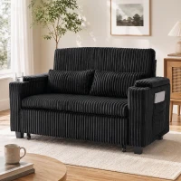 HOMCOM 2 Seater Sofa Bed, Pull Out Sleeper Sofa w/ Adjustable Backrest, Storage Armrests, Cup Holders, Side Pockets, Black(m-13)