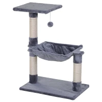 PawHut Kattenboom 3 verdiepingen krabpaal kattenbed met hangmat sisal paal pluche grijs(m-14)