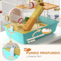 PawHut Gaiola para Hamsters com Túnel Plataformas Comedouro Bebedouro Casinha Rampas e Roda de Exercício 45x28x37 cm Azul Claro(m-6)