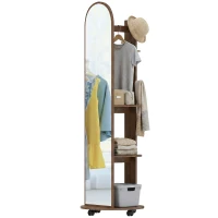 HOMCOM 2-in-1 Full Length Mirror with Storage Shelves, Floor Mirror with 4 Wheels, Coat Rack, Hooks, Brown Wood Effect(m-12)