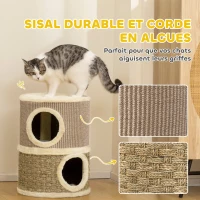 PawHut Krabton, 49 cm hoog, Ø35,5 cm tweelaagse kattenton met pluche rand krabmat, 2 holen Khaki+Koffie(m-6)