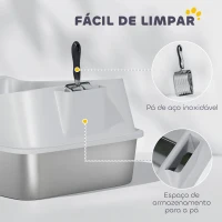 PawHut Caixa de Areia XL para Gatos em Aço Inoxidável com Bordas Altas Pá Fácil de Limpar Antifugas 60,2x40,2x29,7 cm Cinzento(m-8)