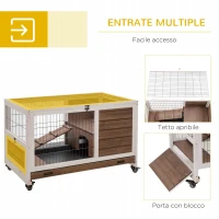 PawHut Conigliera in Legno con 4 Ruote, Casetta per Conigli e Rampa, 90x53x59cm, Marrone(m-5)
