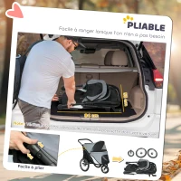 PawHut Poussette pour chien 3 roues avec pliage facile, sac de rangement, coussin souple, laisse de sécurité, gris(m-7)