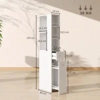 HOMCOM Smalle hoge badkamerkast, 135 cm badkamerkast met 2 lades, wit(m-3)