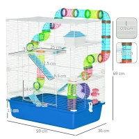 PawHut Gabbia Criceti a 5 Livelli con Tubi, Casetta, Serbatoio e Ruota, in Acciaio, PP e PS, 59x36x69 cm, Blu e Bianca(m-3)