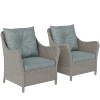 Outsunny Rattan Garden Chairs Set of 2, Outdoor Rattan Chairs with Cushions, Armrests and High Back, PE Wicker Garden Armchair with Steel Frame for Balcony, Porch, Light Grey(m-1)
