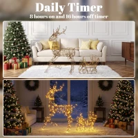 Outsunny Lighted Reindeer and Sleigh Set, 2-Piece PP Rattan Outdoor Christmas Decoration with LEDs, 8 Modes, Daily Timer(m-6)