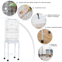 PawHut Cage à oiseaux sur pied volière oiseaux sur roulettes toit ouvrant 3 perchoirs étagère inférieure 46,5x36x157cm blanc(m-5)