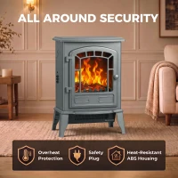 HOMCOM Electric Fireplace Stove, 1000W/2000W, Freestanding Electric Fire with LED Flame Effect, Adjustable Thermostat, Grey(m-7)