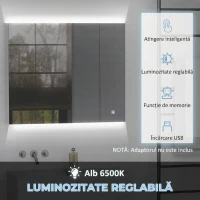 kleankin Dulap de baie cu oglindă și lumină LED, 90x15x75 cm, uși soft-close, reglabil în 3 culori, rafturi ajustabile, întrerupător tactil, alb(m-4)