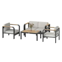 Outsunny Tuinmeubelset aluminium zitgroep voor 4 personen waterafstotend extra diep met 2-zitsbank, 2 fauteuils en bijzettafel(m-10)