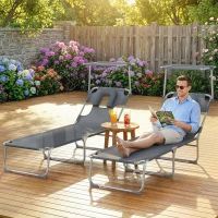 Outsunny Conjunto de 2 Espreguiçadeiras Dobráveis com Dossel 360° Encosto 5 Posições Orifício Facial 188x56x27 cm Cinza Escuro(m-10)
