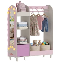AIYAPLAY Kids Clothing Rack, Kids Wardrobe with Glowing Lights Mirror, Non-Woven Drawer and Shelves for Bedroom, Ages 3-8, Pink(m-14)