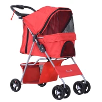 PawHut Passeggino per Cani Piccoli Pieghevole, Carrozzina per Cani con Ruote con Freni, Portabicchieri, Cestino Portaoggetti, 3 Finestre e Ruote Anteriori a 360°, per Animali Domestici 10 kg, Rosso(m-11)