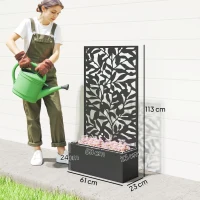 Outsunny Floreira Elevada com Painel de Privacidade de Folhas Decorativas de Metal e Opção de Montagem na Parede 61x23x113 cm Preto(m-3)