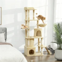 PawHut Árbol Rascador para Gatos Grande Altura 170 cm con 7 Postes 1 Túnel 3 Plataformas 2 Cuevas 1 Hamaca Beige(m-10)