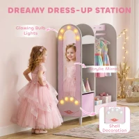 AIYAPLAY Kids Clothing Rack, Kids Wardrobe with Glowing Lights Mirror, Non-Woven Drawer and Shelves for Bedroom, Ages 3-8, Pink(m-5)