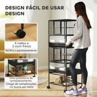 PawHut Gaiola para Pássaros de 2 Níveis com Rodas Painéis Acrílicos Comedouros Prateleira Bandejas Amovíveis  48x46x134,5 cm Preto(m-8)