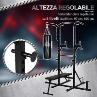 HOMCOM Power Tower con Panca e Sacco da Boxe di 20kg, Stazione Multiuso in Acciaio Nero per Allenamento Total Body(m-4)