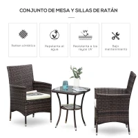 Outsunny Conjunto de Muebles para Jardín Juegos de Muebles de Ratán Incluye 1 Mesa y 2 Sillones con Cojines Estructura de Metal para Terraza Patio Marrón(m-4)