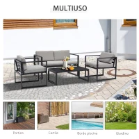 Outsunny Set Mobili da Giardino con Divano 2 Posti, 2 Poltrone e Tavolino in Alluminio con Cuscini, Grigio e Nero(m-7)