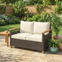 Outsunny 2 Seater Rattan Garden Sofa, Outdoor Sofa with Thickened Cushions and Acacia Wood Armrests, Brown(m-14)