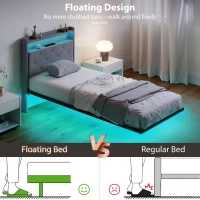 HOMCOM Floating Bed Frame, Upholstered 3ft Single Size Bed, Platform Bed with RGB LED Lights and Charging Station, Grey(m-4)