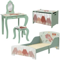 ZONEKIZ Kids Bedroom Furniture Set Includes Bed Frame, Kids Toy Chest, Dressing Table with Mirror and Stoolfor Ages 3-6 Years, Green(m-1)