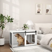 PawHut Hundebox mit Schiebetür, Belüftung, Spanplatte und Stahl, 98 x 58 x 61 cm, Walnuss(m-10)
