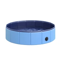 PawHut Hundebadewanne faltbar Hundepool Schwimmbecken Swimmingpool Plantschbecken Badewanne für Hunde & Katzen Wasserbecken aus Kunststoff, Holz Ø80 x H20 cm Blau(m-12)
