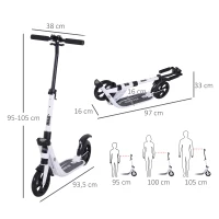 HOMCOM Trottinette pliable pour adultes adolescents à partir 14 ans hauteur guidon réglable double système d'absorption des chocs roues PU alu dim. 94 x 38 x 95-105 cm blanc(m-3)
