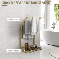 HOMCOM Porte-serviettes en bambou 3 barres avec étagère de rangement, pour la salle de bains et la buanderie, finition naturel(m-4)