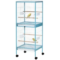 PawHut Grande Cage à Oiseaux sur Pied Double avec Mangeoires Perchoirs Plateau Amovible Roulettes 51,5 x 50 x 140 cm Bleu Clair(m-12)