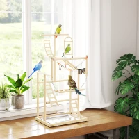 PawHut 95 cm Wooden Bird Playground with Ladders, Chain Toy, Stainless Steel Cups and Tray, Bird Cage Accessories, Natural(m-10)