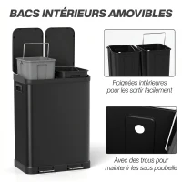 HOMCOM Poubelle de cuisine à double compartiment 2 x 30L avec pédale en acier inoxydable, couvercle à fermeture douce, noir(m-5)