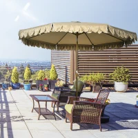 Outsunny parasol, met franje, kantelbaar, met handslinger, staal+polyester, kaki, Ø265 x 235,5 cm(m-9)