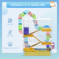 PawHut Căsuță pentru Hamsteri cu 5 Niveluri cu Tuburi, Roată, Scări, Căsuță și Sticlă, din Metal, PP și PS, 46x30x58 cm(m-6)