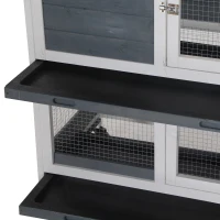 PawHut Coelheira de Madeira com Rodas 147x45,5x88,5cm Gaiola para Coelhos de 2 Níveis com Teto Abatível 2 Cercados de Metal 3 Bandejas Removíveis 3 Portas com Trava e Rampa Cinza(m-8)