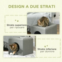 PawHut Casetta per Gatti a 2 Livelli con Cuscino in Peluche, in Legno, Poliestere e Plastica, 36.5x36.5x33 cm, Verde(m-3)