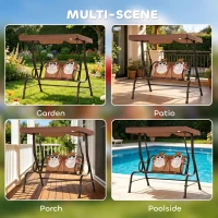 Outsunny 2 Seater Kids Garden Swing Seat, Children Outdoor Patio Lounge Chair for Gardens w/ Adjustable Awning, Seatbelt, Monkey Pattern - Brown(m-8)