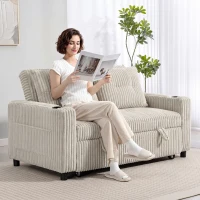 HOMCOM Corduroy Click Clack Sleeper Sofa with Pull Out Design, 2 Seater Sofa Bed, Cream White(m-12)