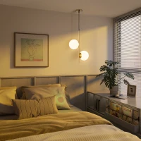 HOMCOM Lampada a Sospensione con 2 Paralumi in Vetro e Filo Regolabile, in Metallo, 32x15x51 cm, Bianca e Oro(m-10)