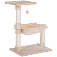 PawHut Turn pentru Pisici max. 3,6 kg cu Hamac și Minge Suspendată, din Lemn și Pluș, 50x36x70 cm, Bej(m-1)