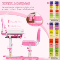 HOMCOM Juego de Escritorio y Silla para Niños de +6 Años Ajustable con Mesa Inclinable Lámpara Cajón y Estante para Libros Rosa(m-6)
