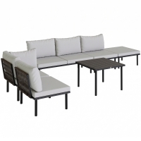 Outsunny Lounge Tuinmeubelset 5-6 Personen Tuinlounge Set met 2-zits Tuinbank, 2 Stoelen, Hoekstoel, Lamellen-tafel, Voetenbank