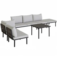 Outsunny Lounge Tuinmeubelset 5-6 Personen Tuinlounge Set met 2-zits Tuinbank, 2 Stoelen, Hoekstoel, Lamellen-tafel, Voetenbank(m-1)
