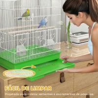 PawHut Gaiola para Pássaros Gaiola de Aço com 2 Alimentadores 2 Poleiros Baloiço e Bandeja Removível Pega 46,5x36x59 cm Verde(m-5)