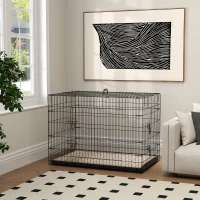 PawHut Jaula Dobrável para Cães com Almofada, Portas, Tabuleiro Amovível e Estrutura Metálica, 106x71,5x76 cm, Preto e Bege(m-4)